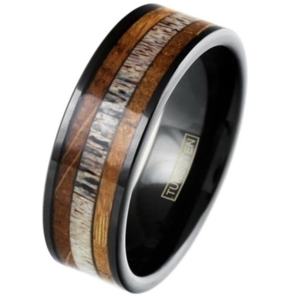 🫶🏻 Genuine Tungsten, Whiskey Barrel Oak & Deer Antler  Band